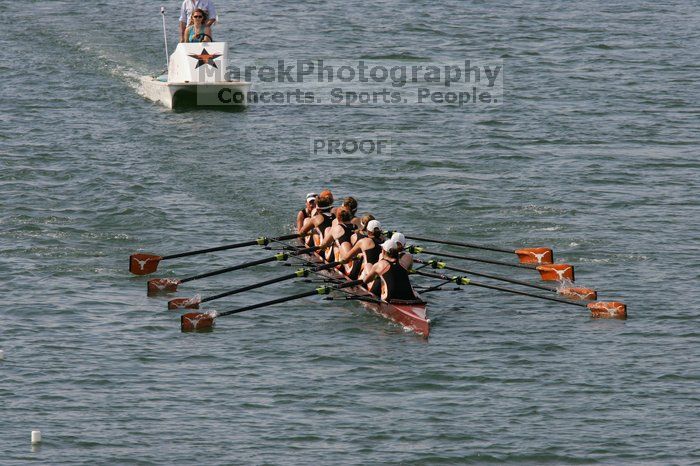 The Texas Rowing first varsity eight team, with coxswain Mary Cait McPherson, stroke Jen VanderMaarel, Felicia Izaguirre-Werner, Meg George, Nancy Arrington, Jelena Zunic, Karli Sheahan, Colleen Irby and Sara Cottingham, finished with a time of 7:09.3, losing to Wisconsin, which completed the race in 7:01.1. This was the third session of the Longhorn Invitational, Saturday afternoon, March 21, 2009 on Lady Bird Lake.

Filename: SRM_20090321_16352093.jpg
Aperture: f/8.0
Shutter Speed: 1/1600
Body: Canon EOS-1D Mark II
Lens: Canon EF 300mm f/2.8 L IS