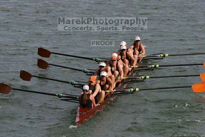 The Texas Rowing first varsity eight team, with coxswain Mary Cait McPherson, stroke Jen VanderMaarel, Felicia Izaguirre-Werner, Meg George, Nancy Arrington, Jelena Zunic, Karli Sheahan, Colleen Irby and Sara Cottingham, finished with a time of 7:09.3, losing to Wisconsin, which completed the race in 7:01.1. This was the third session of the Longhorn Invitational, Saturday afternoon, March 21, 2009 on Lady Bird Lake.

Filename: SRM_20090321_16360641.jpg
Aperture: f/8.0
Shutter Speed: 1/1600
Body: Canon EOS-1D Mark II
Lens: Canon EF 300mm f/2.8 L IS