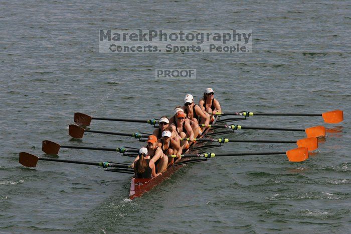 The Texas Rowing first varsity eight team, with coxswain Mary Cait McPherson, stroke Jen VanderMaarel, Felicia Izaguirre-Werner, Meg George, Nancy Arrington, Jelena Zunic, Karli Sheahan, Colleen Irby and Sara Cottingham, finished with a time of 7:09.3, losing to Wisconsin, which completed the race in 7:01.1. This was the third session of the Longhorn Invitational, Saturday afternoon, March 21, 2009 on Lady Bird Lake.

Filename: SRM_20090321_16360942.jpg
Aperture: f/8.0
Shutter Speed: 1/1600
Body: Canon EOS-1D Mark II
Lens: Canon EF 300mm f/2.8 L IS