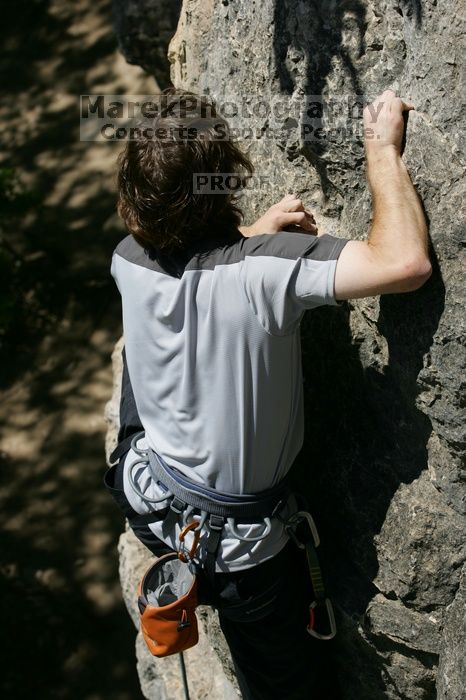 Andrew Dreher leading Lick the Window (5.10c), shot from the top of Ack! (5.11b, but using the crack for the start instead) that I top roped up with my camera on my back.  It was another long day of rock climbing at Seismic Wall on Austin's Barton Creek Greenbelt, Sunday, April 5, 2009.

Filename: SRM_20090405_13234330.jpg
Aperture: f/7.1
Shutter Speed: 1/500
Body: Canon EOS-1D Mark II
Lens: Canon EF 80-200mm f/2.8 L