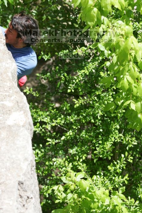 Javier Morales leading Nose Print on the Windshield (5.11c), shot from the top of Ack! (5.11b, but using the crack for the start instead) that I top roped up with my camera on my back.  It was another long day of rock climbing at Seismic Wall on Austin's Barton Creek Greenbelt, Sunday, April 5, 2009.

Filename: SRM_20090405_13343003.jpg
Aperture: f/6.3
Shutter Speed: 1/500
Body: Canon EOS-1D Mark II
Lens: Canon EF 80-200mm f/2.8 L