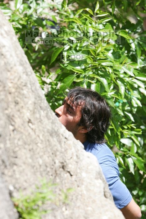 Javier Morales leading Nose Print on the Windshield (5.11c), shot from the top of Ack! (5.11b, but using the crack for the start instead) that I top roped up with my camera on my back.  It was another long day of rock climbing at Seismic Wall on Austin's Barton Creek Greenbelt, Sunday, April 5, 2009.

Filename: SRM_20090405_13363705.jpg
Aperture: f/6.3
Shutter Speed: 1/500
Body: Canon EOS-1D Mark II
Lens: Canon EF 80-200mm f/2.8 L