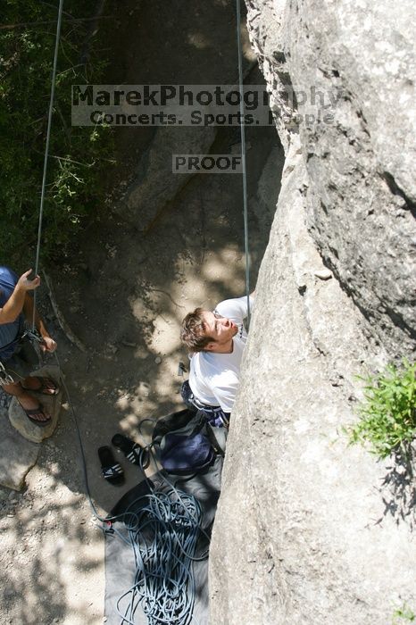 Me on the dyno while top roping Lick the Window (5.10c), shot (by Andrew Dreher) from the top of Ack! (5.11b, but using the crack for the start instead) that I top roped up with my camera on my back.  It was another long day of rock climbing at Seismic Wall on Austin's Barton Creek Greenbelt, Sunday, April 5, 2009.

Filename: SRM_20090405_14365828.jpg
Aperture: f/7.1
Shutter Speed: 1/500
Body: Canon EOS-1D Mark II
Lens: Canon EF 80-200mm f/2.8 L