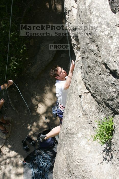 Me on the dyno while top roping Lick the Window (5.10c), shot (by Andrew Dreher) from the top of Ack! (5.11b, but using the crack for the start instead) that I top roped up with my camera on my back.  It was another long day of rock climbing at Seismic Wall on Austin's Barton Creek Greenbelt, Sunday, April 5, 2009.

Filename: SRM_20090405_14365929.jpg
Aperture: f/8.0
Shutter Speed: 1/500
Body: Canon EOS-1D Mark II
Lens: Canon EF 80-200mm f/2.8 L