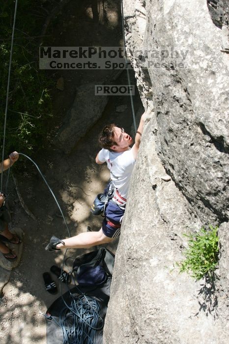 Me on the dyno while top roping Lick the Window (5.10c), shot (by Andrew Dreher) from the top of Ack! (5.11b, but using the crack for the start instead) that I top roped up with my camera on my back.  It was another long day of rock climbing at Seismic Wall on Austin's Barton Creek Greenbelt, Sunday, April 5, 2009.

Filename: SRM_20090405_14365930.jpg
Aperture: f/8.0
Shutter Speed: 1/500
Body: Canon EOS-1D Mark II
Lens: Canon EF 80-200mm f/2.8 L