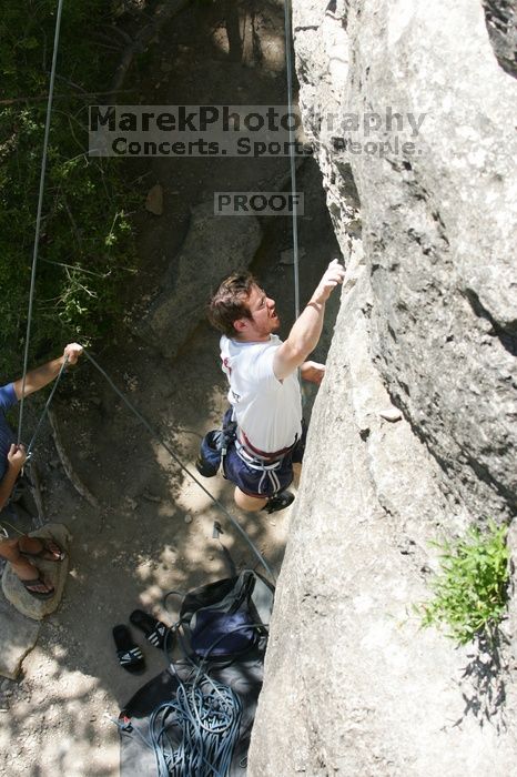 Me on the dyno while top roping Lick the Window (5.10c), shot (by Andrew Dreher) from the top of Ack! (5.11b, but using the crack for the start instead) that I top roped up with my camera on my back.  It was another long day of rock climbing at Seismic Wall on Austin's Barton Creek Greenbelt, Sunday, April 5, 2009.

Filename: SRM_20090405_14365932.jpg
Aperture: f/7.1
Shutter Speed: 1/500
Body: Canon EOS-1D Mark II
Lens: Canon EF 80-200mm f/2.8 L