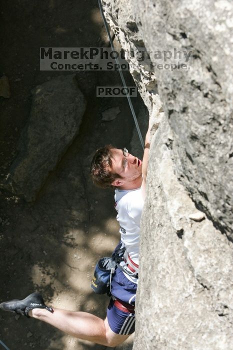 Me on the dyno while top roping Lick the Window (5.10c), shot (by Andrew Dreher) from the top of Ack! (5.11b, but using the crack for the start instead) that I top roped up with my camera on my back.  It was another long day of rock climbing at Seismic Wall on Austin's Barton Creek Greenbelt, Sunday, April 5, 2009.

Filename: SRM_20090405_14391537.jpg
Aperture: f/8.0
Shutter Speed: 1/500
Body: Canon EOS-1D Mark II
Lens: Canon EF 80-200mm f/2.8 L