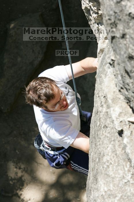 Me top roping Lick the Window (5.10c), shot (by Andrew Dreher) from the top of Ack! (5.11b, but using the crack for the start instead) that I top roped up with my camera on my back.  It was another long day of rock climbing at Seismic Wall on Austin's Barton Creek Greenbelt, Sunday, April 5, 2009.

Filename: SRM_20090405_14392643.jpg
Aperture: f/8.0
Shutter Speed: 1/500
Body: Canon EOS-1D Mark II
Lens: Canon EF 80-200mm f/2.8 L