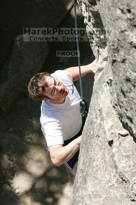 Me top roping Lick the Window (5.10c), shot (by Andrew Dreher) from the top of Ack! (5.11b, but using the crack for the start instead) that I top roped up with my camera on my back.  It was another long day of rock climbing at Seismic Wall on Austin's Barton Creek Greenbelt, Sunday, April 5, 2009.

Filename: SRM_20090405_14394445.jpg
Aperture: f/8.0
Shutter Speed: 1/500
Body: Canon EOS-1D Mark II
Lens: Canon EF 80-200mm f/2.8 L