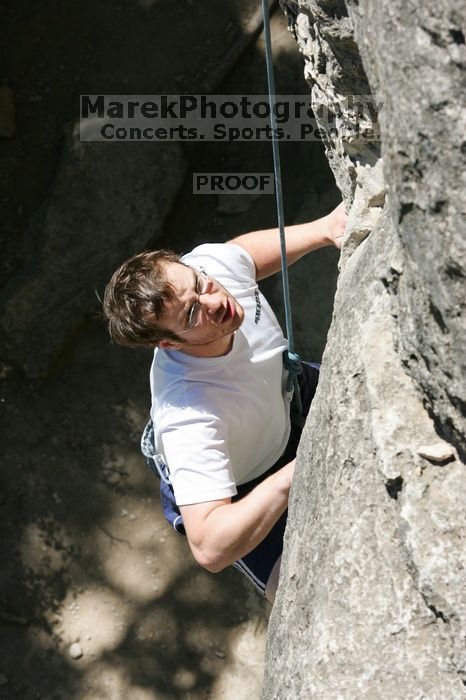 Me top roping Lick the Window (5.10c), shot (by Andrew Dreher) from the top of Ack! (5.11b, but using the crack for the start instead) that I top roped up with my camera on my back.  It was another long day of rock climbing at Seismic Wall on Austin's Barton Creek Greenbelt, Sunday, April 5, 2009.

Filename: SRM_20090405_14394446.jpg
Aperture: f/9.0
Shutter Speed: 1/500
Body: Canon EOS-1D Mark II
Lens: Canon EF 80-200mm f/2.8 L