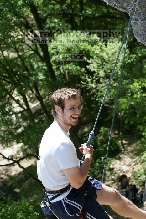 Me top roping Lick the Window (5.10c), shot (by Andrew Dreher) from the top of Ack! (5.11b, but using the crack for the start instead) that I top roped up with my camera on my back.  It was another long day of rock climbing at Seismic Wall on Austin's Barton Creek Greenbelt, Sunday, April 5, 2009.

Filename: SRM_20090405_14421970.jpg
Aperture: f/5.6
Shutter Speed: 1/500
Body: Canon EOS-1D Mark II
Lens: Canon EF 80-200mm f/2.8 L