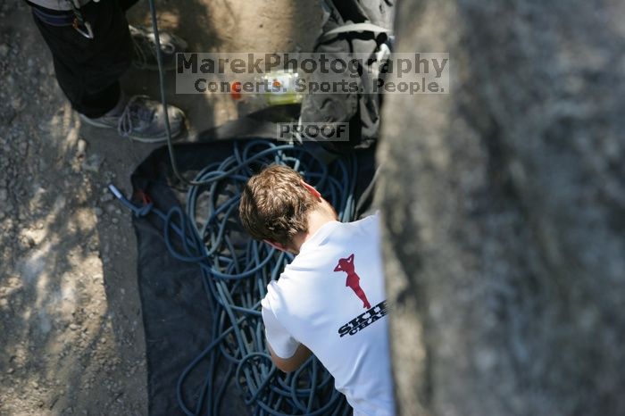 Me top roping Lick the Window (5.10c), shot by Javier Morales from the top of Ack! (5.11b, but using the crack for the start instead) that I top roped up with my camera on my back.  It was another long day of rock climbing at Seismic Wall on Austin's Barton Creek Greenbelt, Sunday, April 5, 2009.

Filename: SRM_20090405_17144083.jpg
Aperture: f/3.5
Shutter Speed: 1/400
Body: Canon EOS-1D Mark II
Lens: Canon EF 80-200mm f/2.8 L