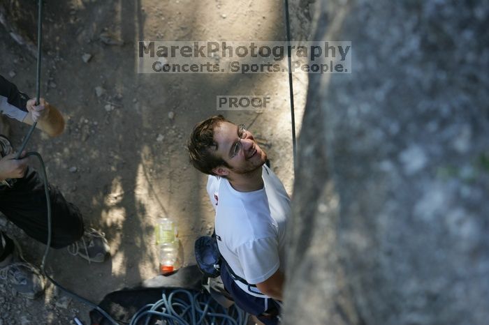 Me top roping Lick the Window (5.10c), shot by Javier Morales from the top of Ack! (5.11b, but using the crack for the start instead) that I top roped up with my camera on my back.  It was another long day of rock climbing at Seismic Wall on Austin's Barton Creek Greenbelt, Sunday, April 5, 2009.

Filename: SRM_20090405_17173586.jpg
Aperture: f/3.2
Shutter Speed: 1/400
Body: Canon EOS-1D Mark II
Lens: Canon EF 80-200mm f/2.8 L