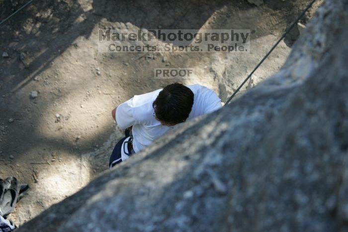 Me top roping Lick the Window (5.10c), shot by Javier Morales from the top of Ack! (5.11b, but using the crack for the start instead) that I top roped up with my camera on my back.  It was another long day of rock climbing at Seismic Wall on Austin's Barton Creek Greenbelt, Sunday, April 5, 2009.

Filename: SRM_20090405_17175895.jpg
Aperture: f/3.5
Shutter Speed: 1/400
Body: Canon EOS-1D Mark II
Lens: Canon EF 80-200mm f/2.8 L