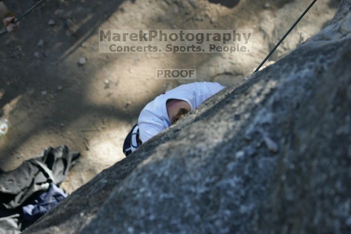 Me top roping Lick the Window (5.10c), shot by Javier Morales from the top of Ack! (5.11b, but using the crack for the start instead) that I top roped up with my camera on my back.  It was another long day of rock climbing at Seismic Wall on Austin's Barton Creek Greenbelt, Sunday, April 5, 2009.

Filename: SRM_20090405_17180297.jpg
Aperture: f/3.5
Shutter Speed: 1/400
Body: Canon EOS-1D Mark II
Lens: Canon EF 80-200mm f/2.8 L