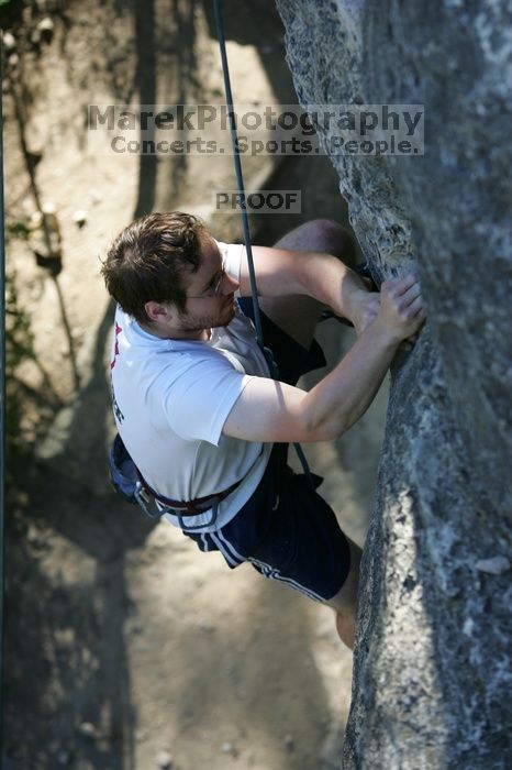 Me top roping Lick the Window (5.10c), shot by Javier Morales from the top of Ack! (5.11b, but using the crack for the start instead) that I top roped up with my camera on my back.  It was another long day of rock climbing at Seismic Wall on Austin's Barton Creek Greenbelt, Sunday, April 5, 2009.

Filename: SRM_20090405_17202892.jpg
Aperture: f/3.5
Shutter Speed: 1/400
Body: Canon EOS-1D Mark II
Lens: Canon EF 80-200mm f/2.8 L