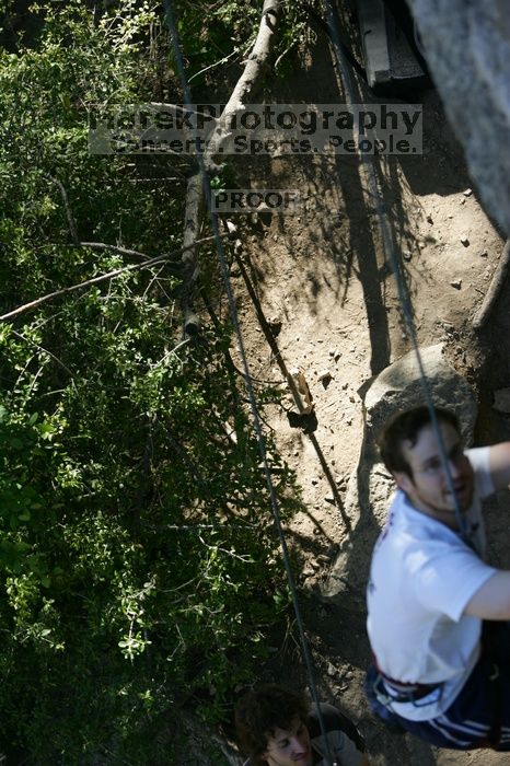 Me top roping Lick the Window (5.10c), shot by Javier Morales from the top of Ack! (5.11b, but using the crack for the start instead) that I top roped up with my camera on my back.  It was another long day of rock climbing at Seismic Wall on Austin's Barton Creek Greenbelt, Sunday, April 5, 2009.

Filename: SRM_20090405_17210500.jpg
Aperture: f/4.0
Shutter Speed: 1/400
Body: Canon EOS-1D Mark II
Lens: Canon EF 80-200mm f/2.8 L