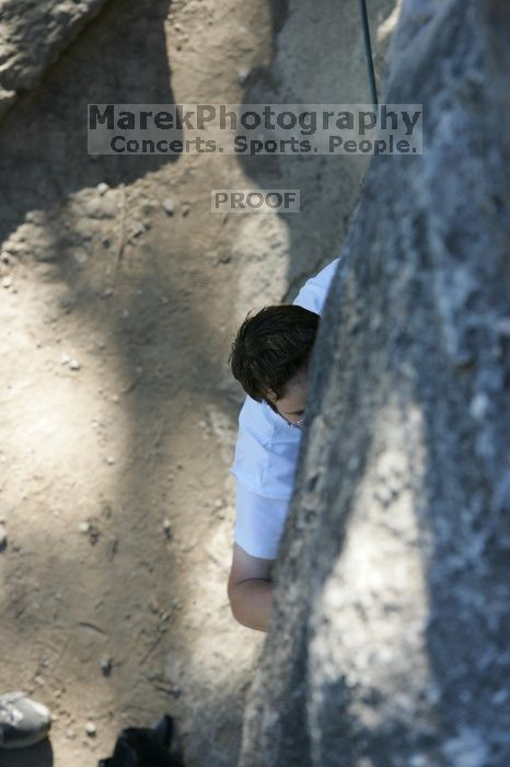 Me top roping Lick the Window (5.10c), shot by Javier Morales from the top of Ack! (5.11b, but using the crack for the start instead) that I top roped up with my camera on my back.  It was another long day of rock climbing at Seismic Wall on Austin's Barton Creek Greenbelt, Sunday, April 5, 2009.

Filename: SRM_20090405_17225802.jpg
Aperture: f/4.5
Shutter Speed: 1/320
Body: Canon EOS-1D Mark II
Lens: Canon EF 80-200mm f/2.8 L