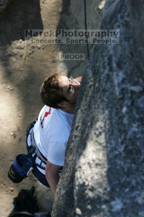 Me top roping Lick the Window (5.10c), shot by Javier Morales from the top of Ack! (5.11b, but using the crack for the start instead) that I top roped up with my camera on my back.  It was another long day of rock climbing at Seismic Wall on Austin's Barton Creek Greenbelt, Sunday, April 5, 2009.

Filename: SRM_20090405_17232307.jpg
Aperture: f/5.6
Shutter Speed: 1/320
Body: Canon EOS-1D Mark II
Lens: Canon EF 80-200mm f/2.8 L