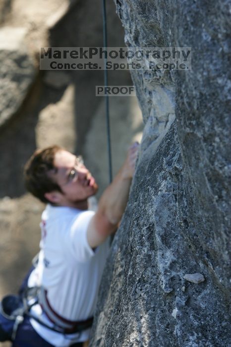 Me top roping Lick the Window (5.10c), shot by Javier Morales from the top of Ack! (5.11b, but using the crack for the start instead) that I top roped up with my camera on my back.  It was another long day of rock climbing at Seismic Wall on Austin's Barton Creek Greenbelt, Sunday, April 5, 2009.

Filename: SRM_20090405_17232411.jpg
Aperture: f/4.5
Shutter Speed: 1/320
Body: Canon EOS-1D Mark II
Lens: Canon EF 80-200mm f/2.8 L