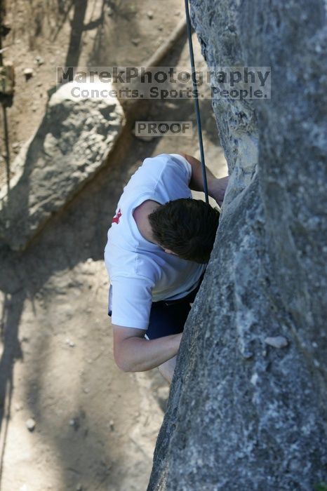 Me top roping Lick the Window (5.10c), shot by Javier Morales from the top of Ack! (5.11b, but using the crack for the start instead) that I top roped up with my camera on my back.  It was another long day of rock climbing at Seismic Wall on Austin's Barton Creek Greenbelt, Sunday, April 5, 2009.

Filename: SRM_20090405_17262359.jpg
Aperture: f/4.5
Shutter Speed: 1/320
Body: Canon EOS-1D Mark II
Lens: Canon EF 80-200mm f/2.8 L