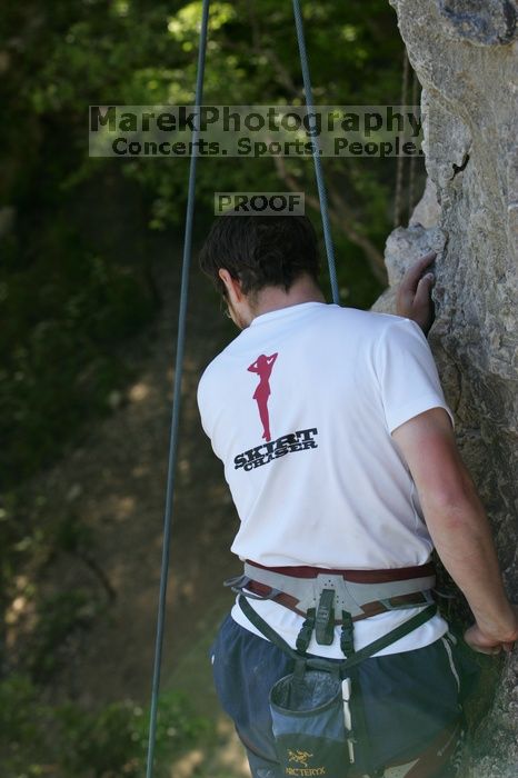 Me top roping Lick the Window (5.10c), shot by Javier Morales from the top of Ack! (5.11b, but using the crack for the start instead) that I top roped up with my camera on my back.  It was another long day of rock climbing at Seismic Wall on Austin's Barton Creek Greenbelt, Sunday, April 5, 2009.

Filename: SRM_20090405_17291050.jpg
Aperture: f/5.0
Shutter Speed: 1/320
Body: Canon EOS-1D Mark II
Lens: Canon EF 80-200mm f/2.8 L