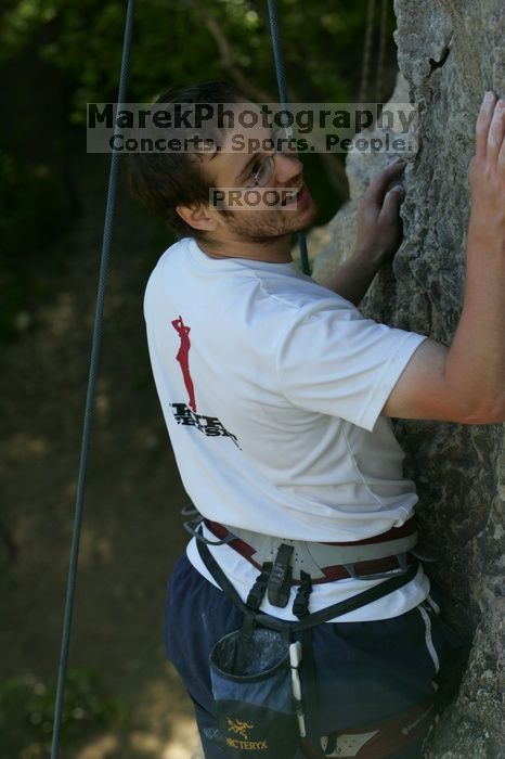 Me top roping Lick the Window (5.10c), shot by Javier Morales from the top of Ack! (5.11b, but using the crack for the start instead) that I top roped up with my camera on my back.  It was another long day of rock climbing at Seismic Wall on Austin's Barton Creek Greenbelt, Sunday, April 5, 2009.

Filename: SRM_20090405_17291355.jpg
Aperture: f/5.6
Shutter Speed: 1/320
Body: Canon EOS-1D Mark II
Lens: Canon EF 80-200mm f/2.8 L