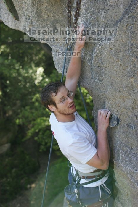 Me top roping Lick the Window (5.10c), shot by Javier Morales from the top of Ack! (5.11b, but using the crack for the start instead) that I top roped up with my camera on my back.  It was another long day of rock climbing at Seismic Wall on Austin's Barton Creek Greenbelt, Sunday, April 5, 2009.

Filename: SRM_20090405_17295069.jpg
Aperture: f/5.0
Shutter Speed: 1/320
Body: Canon EOS-1D Mark II
Lens: Canon EF 80-200mm f/2.8 L