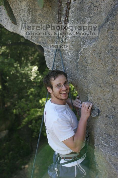 Me top roping Lick the Window (5.10c), shot by Javier Morales from the top of Ack! (5.11b, but using the crack for the start instead) that I top roped up with my camera on my back.  It was another long day of rock climbing at Seismic Wall on Austin's Barton Creek Greenbelt, Sunday, April 5, 2009.

Filename: SRM_20090405_17295273.jpg
Aperture: f/5.0
Shutter Speed: 1/320
Body: Canon EOS-1D Mark II
Lens: Canon EF 80-200mm f/2.8 L