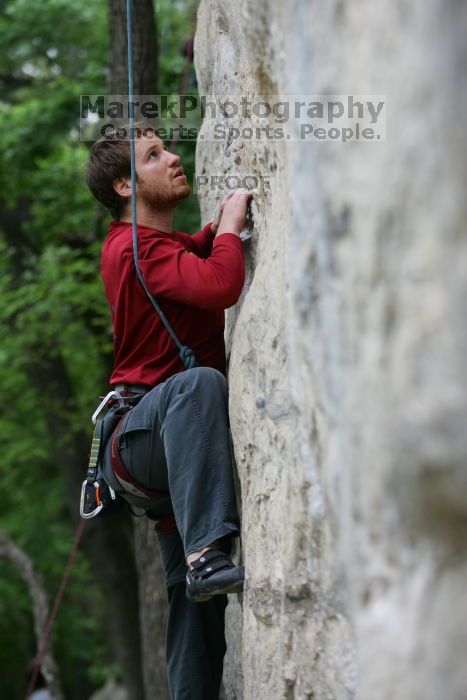 Me top rope climbing Angel of Poets (5.10a), taken by Andrew Dreher.  It was another long day of rock climbing at Seismic Wall on Austin's Barton Creek Greenbelt, Saturday, April 11, 2009.

Filename: SRM_20090411_13052027.JPG
Aperture: f/3.5
Shutter Speed: 1/200
Body: Canon EOS-1D Mark II
Lens: Canon EF 80-200mm f/2.8 L