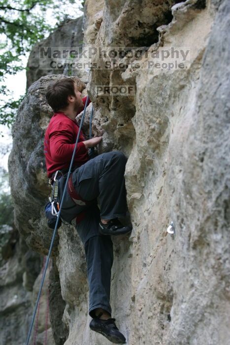 Me top rope climbing Angel of Poets (5.10a), taken by Andrew Dreher.  It was another long day of rock climbing at Seismic Wall on Austin's Barton Creek Greenbelt, Saturday, April 11, 2009.

Filename: SRM_20090411_13055730.JPG
Aperture: f/3.5
Shutter Speed: 1/200
Body: Canon EOS-1D Mark II
Lens: Canon EF 80-200mm f/2.8 L