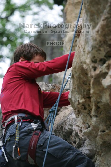 Me top rope climbing Angel of Poets (5.10a), taken by Andrew Dreher.  It was another long day of rock climbing at Seismic Wall on Austin's Barton Creek Greenbelt, Saturday, April 11, 2009.

Filename: SRM_20090411_13060132.JPG
Aperture: f/3.5
Shutter Speed: 1/200
Body: Canon EOS-1D Mark II
Lens: Canon EF 80-200mm f/2.8 L