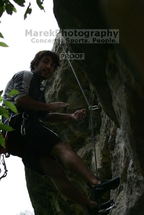 Javier Morales lead climbing Nose Print on the Windshield (5.11c).  It was another long day of rock climbing at Seismic Wall on Austin's Barton Creek Greenbelt, Saturday, April 11, 2009.

Filename: SRM_20090411_13262052.JPG
Aperture: f/4.0
Shutter Speed: 1/800
Body: Canon EOS-1D Mark II
Lens: Canon EF 80-200mm f/2.8 L