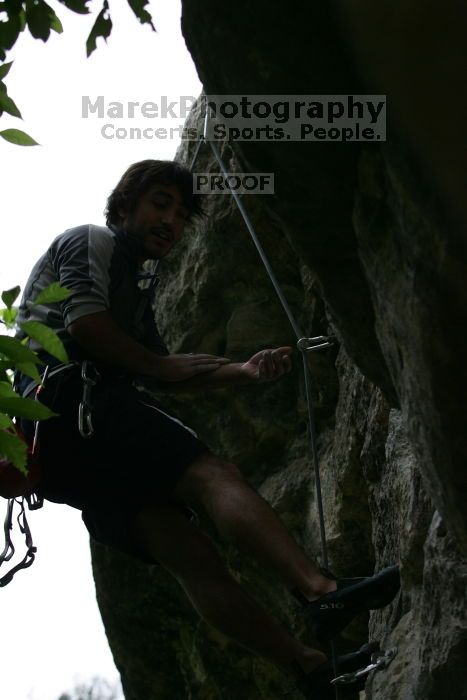 Javier Morales lead climbing Nose Print on the Windshield (5.11c).  It was another long day of rock climbing at Seismic Wall on Austin's Barton Creek Greenbelt, Saturday, April 11, 2009.

Filename: SRM_20090411_13262053.JPG
Aperture: f/4.5
Shutter Speed: 1/800
Body: Canon EOS-1D Mark II
Lens: Canon EF 80-200mm f/2.8 L