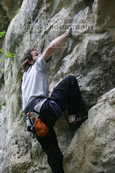 Andrew Dreher top rope climbing Nose Print on the Windshield (5.11c).  It was another long day of rock climbing at Seismic Wall on Austin's Barton Creek Greenbelt, Saturday, April 11, 2009.

Filename: SRM_20090411_14381869.JPG
Aperture: f/2.8
Shutter Speed: 1/500
Body: Canon EOS-1D Mark II
Lens: Canon EF 80-200mm f/2.8 L