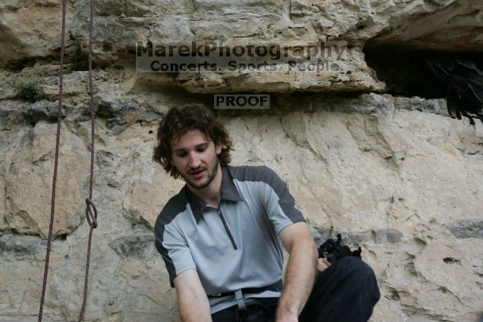 Andrew Dreher.  It was another long day of rock climbing at Seismic Wall on Austin's Barton Creek Greenbelt, Saturday, April 11, 2009.

Filename: SRM_20090411_15375097.JPG
Aperture: f/10.0
Shutter Speed: 1/100
Body: Canon EOS-1D Mark II
Lens: Canon EF 16-35mm f/2.8 L