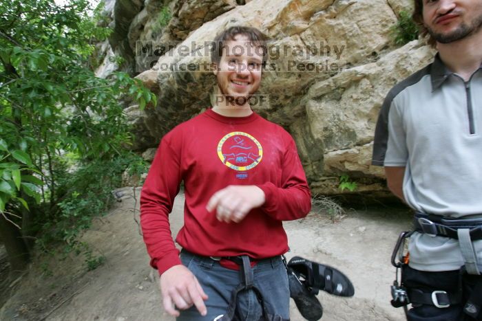 Me and Andrew Dreher.  It was another long day of rock climbing at Seismic Wall on Austin's Barton Creek Greenbelt, Saturday, April 11, 2009.

Filename: SRM_20090411_15404211.JPG
Aperture: f/5.6
Shutter Speed: 1/100
Body: Canon EOS-1D Mark II
Lens: Canon EF 16-35mm f/2.8 L