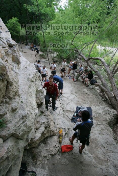 Me getting ready to climb Magster (5.10a) with Javier Morales belaying.  It was another long day of rock climbing at Seismic Wall on Austin's Barton Creek Greenbelt, Saturday, April 11, 2009.

Filename: SRM_20090411_15490714.JPG
Aperture: f/5.6
Shutter Speed: 1/200
Body: Canon EOS-1D Mark II
Lens: Canon EF 16-35mm f/2.8 L