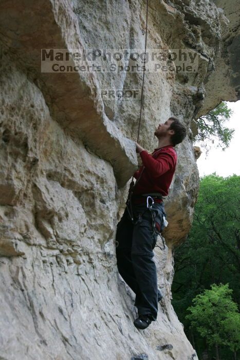 Me top rope climbing Magster (5.10a), shot by Andrew Dreher.  It was another long day of rock climbing at Seismic Wall on Austin's Barton Creek Greenbelt, Saturday, April 11, 2009.

Filename: SRM_20090411_15514515.JPG
Aperture: f/5.6
Shutter Speed: 1/200
Body: Canon EOS-1D Mark II
Lens: Canon EF 16-35mm f/2.8 L