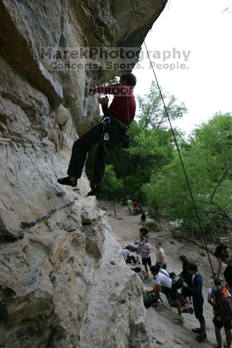 Me top rope climbing Magster (5.10a), shot by Andrew Dreher.  It was another long day of rock climbing at Seismic Wall on Austin's Barton Creek Greenbelt, Saturday, April 11, 2009.

Filename: SRM_20090411_15541321.JPG
Aperture: f/6.3
Shutter Speed: 1/200
Body: Canon EOS-1D Mark II
Lens: Canon EF 16-35mm f/2.8 L