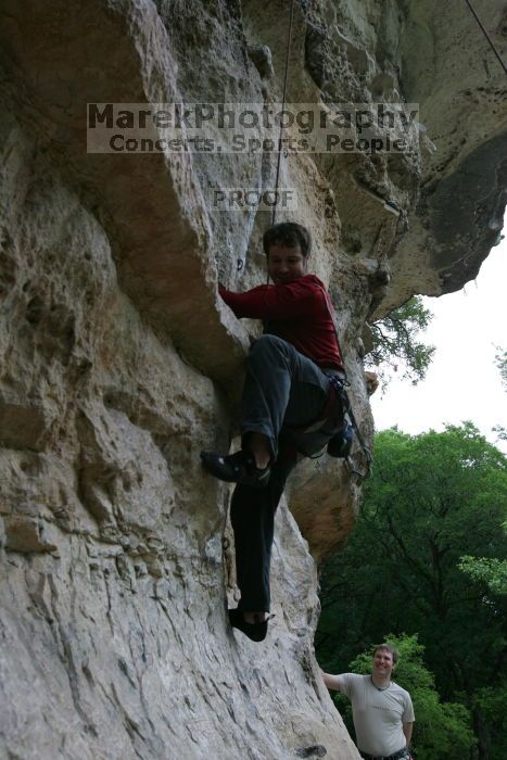 Me top rope climbing Magster (5.10a), shot by Andrew Dreher.  It was another long day of rock climbing at Seismic Wall on Austin's Barton Creek Greenbelt, Saturday, April 11, 2009.

Filename: SRM_20090411_15551522.JPG
Aperture: f/6.3
Shutter Speed: 1/200
Body: Canon EOS-1D Mark II
Lens: Canon EF 16-35mm f/2.8 L