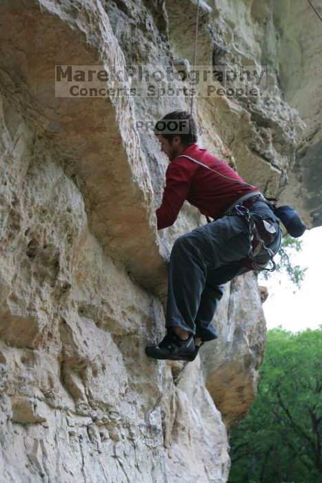 Me top rope climbing Magster (5.10a), shot by Andrew Dreher.  It was another long day of rock climbing at Seismic Wall on Austin's Barton Creek Greenbelt, Saturday, April 11, 2009.

Filename: SRM_20090411_15552323.JPG
Aperture: f/4.5
Shutter Speed: 1/200
Body: Canon EOS-1D Mark II
Lens: Canon EF 16-35mm f/2.8 L