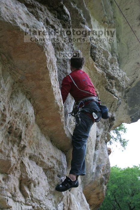 Me top rope climbing Magster (5.10a), shot by Andrew Dreher.  It was another long day of rock climbing at Seismic Wall on Austin's Barton Creek Greenbelt, Saturday, April 11, 2009.

Filename: SRM_20090411_15552524.JPG
Aperture: f/5.0
Shutter Speed: 1/200
Body: Canon EOS-1D Mark II
Lens: Canon EF 16-35mm f/2.8 L