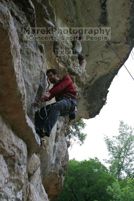 Me top rope climbing Magster (5.10a), shot by Andrew Dreher.  It was another long day of rock climbing at Seismic Wall on Austin's Barton Creek Greenbelt, Saturday, April 11, 2009.

Filename: SRM_20090411_15583337.JPG
Aperture: f/6.3
Shutter Speed: 1/200
Body: Canon EOS-1D Mark II
Lens: Canon EF 16-35mm f/2.8 L