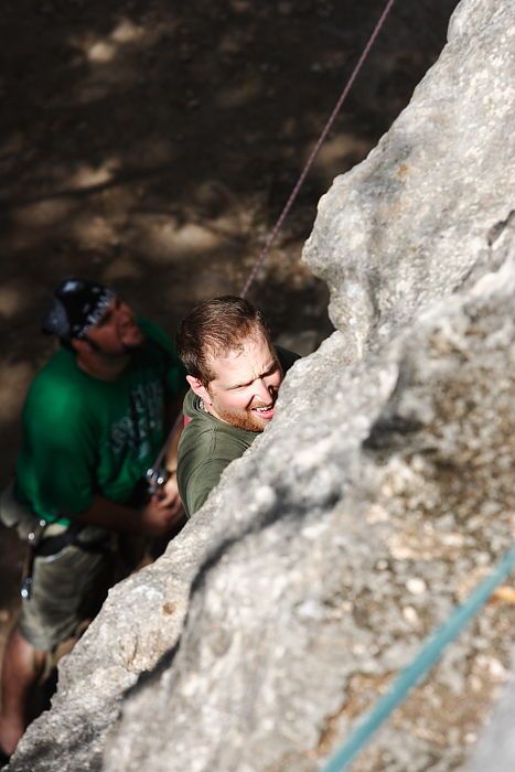 It was another long day of rock climbing at Seismic Wall on Austin's Barton Creek Greenbelt, Monday, May 25, 2009.

Filename: SRM_20090525_10461914.JPG
Aperture: f/5.6
Shutter Speed: 1/1600
Body: Canon EOS-1D Mark II
Lens: Canon EF 80-200mm f/2.8 L