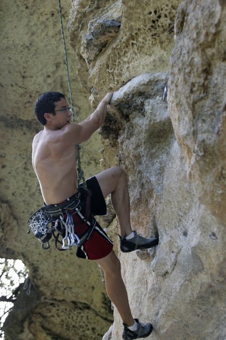 Chris Bottaro on Diving for Rocks (5.10d).  It was another long day of rock climbing at Seismic Wall on Austin's Barton Creek Greenbelt, Sunday, June 090607, 2009.

Filename: SRM_20090607_17434241.jpg
Aperture: f/4.0
Shutter Speed: 1/400
Body: Canon EOS-1D Mark II
Lens: Canon EF 80-200mm f/2.8 L