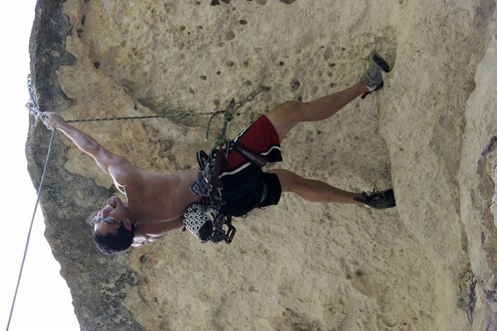 Chris Bottaro on Lonsome Dove (5.12), the roof over Diving for Rocks (5.10d).  It was another long day of rock climbing at Seismic Wall on Austin's Barton Creek Greenbelt, Sunday, June 090607, 2009.

Filename: SRM_20090607_17464857.jpg
Aperture: f/4.0
Shutter Speed: 1/400
Body: Canon EOS-1D Mark II
Lens: Canon EF 80-200mm f/2.8 L