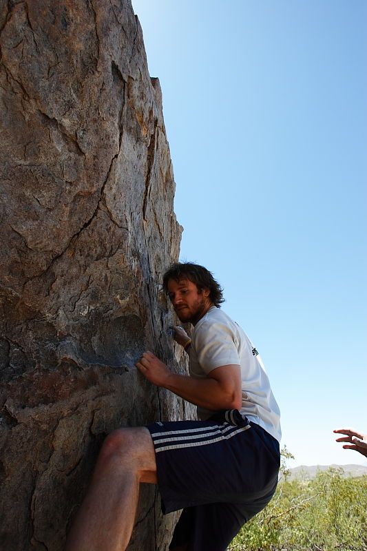 Steve Marek rock climbing in Hueco Tanks State Park and Historic Site during the Hueco Tanks Awesome Fest 2010 trip, Friday, May 21, 2010.

Filename: SRM_20100521_13583789.JPG
Aperture: f/5.6
Shutter Speed: 1/500
Body: Canon EOS-1D Mark II
Lens: Canon EF 16-35mm f/2.8 L