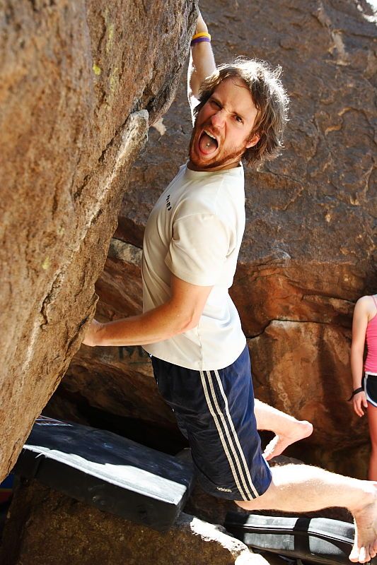 Steve Marek rock climbing in Hueco Tanks State Park and Historic Site during the Hueco Tanks Awesome Fest 2010 trip, Friday, May 21, 2010.

Filename: SRM_20100521_15241907.JPG
Aperture: f/4.0
Shutter Speed: 1/500
Body: Canon EOS-1D Mark II
Lens: Canon EF 16-35mm f/2.8 L