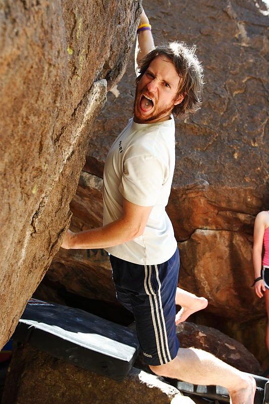 Steve Marek rock climbing in Hueco Tanks State Park and Historic Site during the Hueco Tanks Awesome Fest 2010 trip, Friday, May 21, 2010.

Filename: SRM_20100521_15241908.JPG
Aperture: f/4.0
Shutter Speed: 1/640
Body: Canon EOS-1D Mark II
Lens: Canon EF 16-35mm f/2.8 L